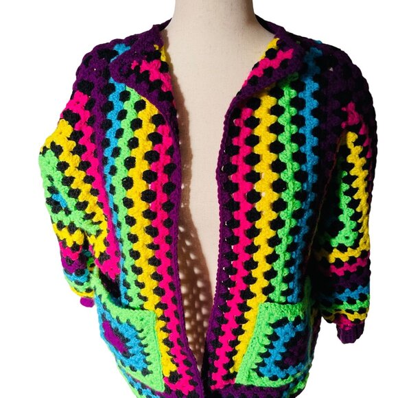Crochet Cardigan Sweater Neon Colors Handmade Granny Square Pockets Oversize XL